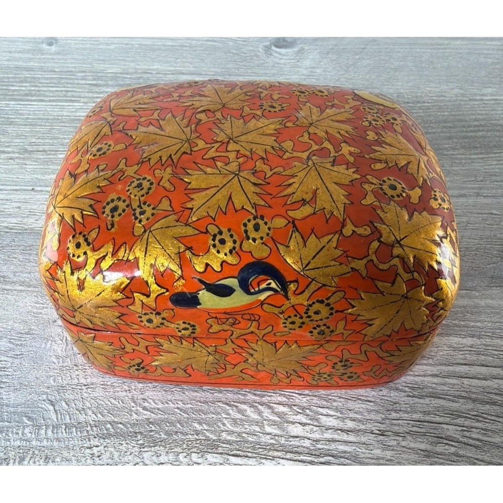 Vtg Lacquer Kashmir India Jewelry Trinket Box Orange Gold Leaves Birds Decor